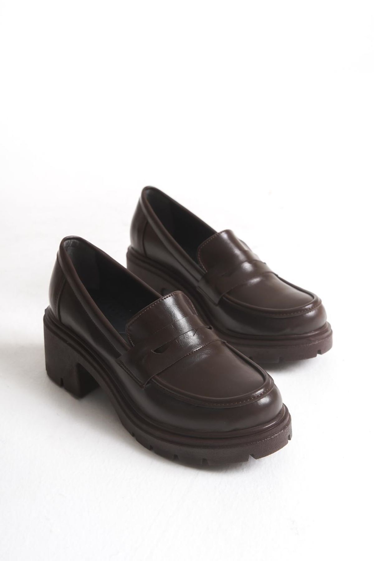 K-706 Kahve Kırışık Rugan Yüksek Tabanlı Loafer Ayakkabı