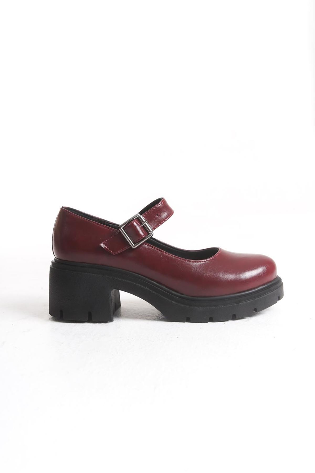 K-708 Bordo Kırışık Rugan Tokalı Yüksek Tabanlı Loafer Ayakkabı