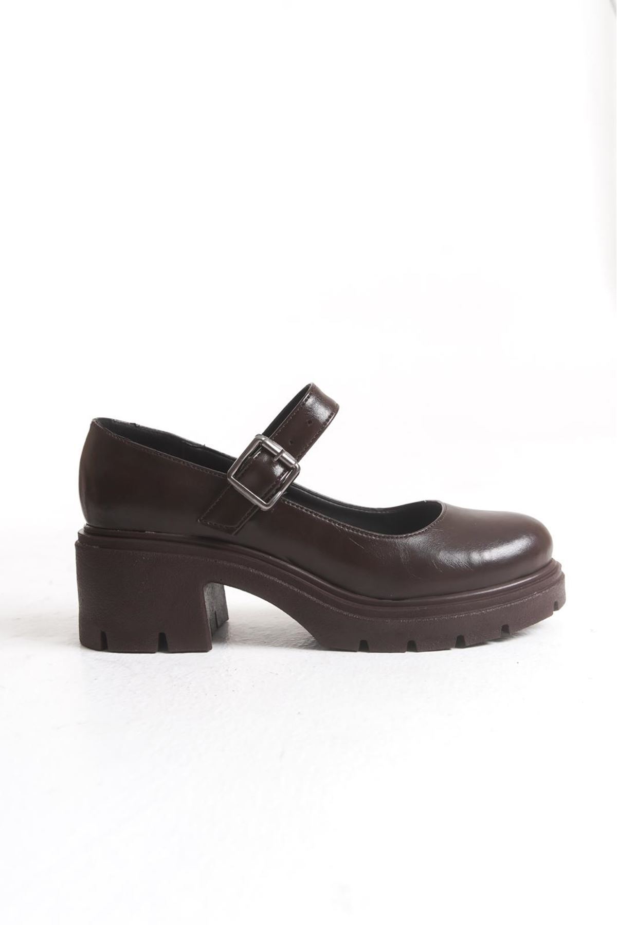 K-708 Kahve Kırışık Rugan Tokalı Yüksek Tabanlı Loafer Ayakkabı