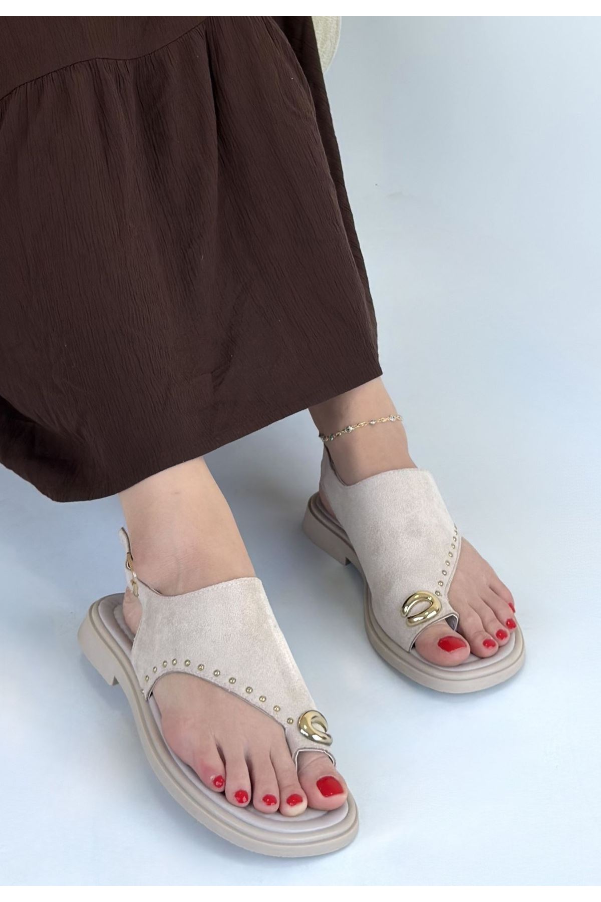 Oliwa Bej Süet Parmak Arası Sandalet