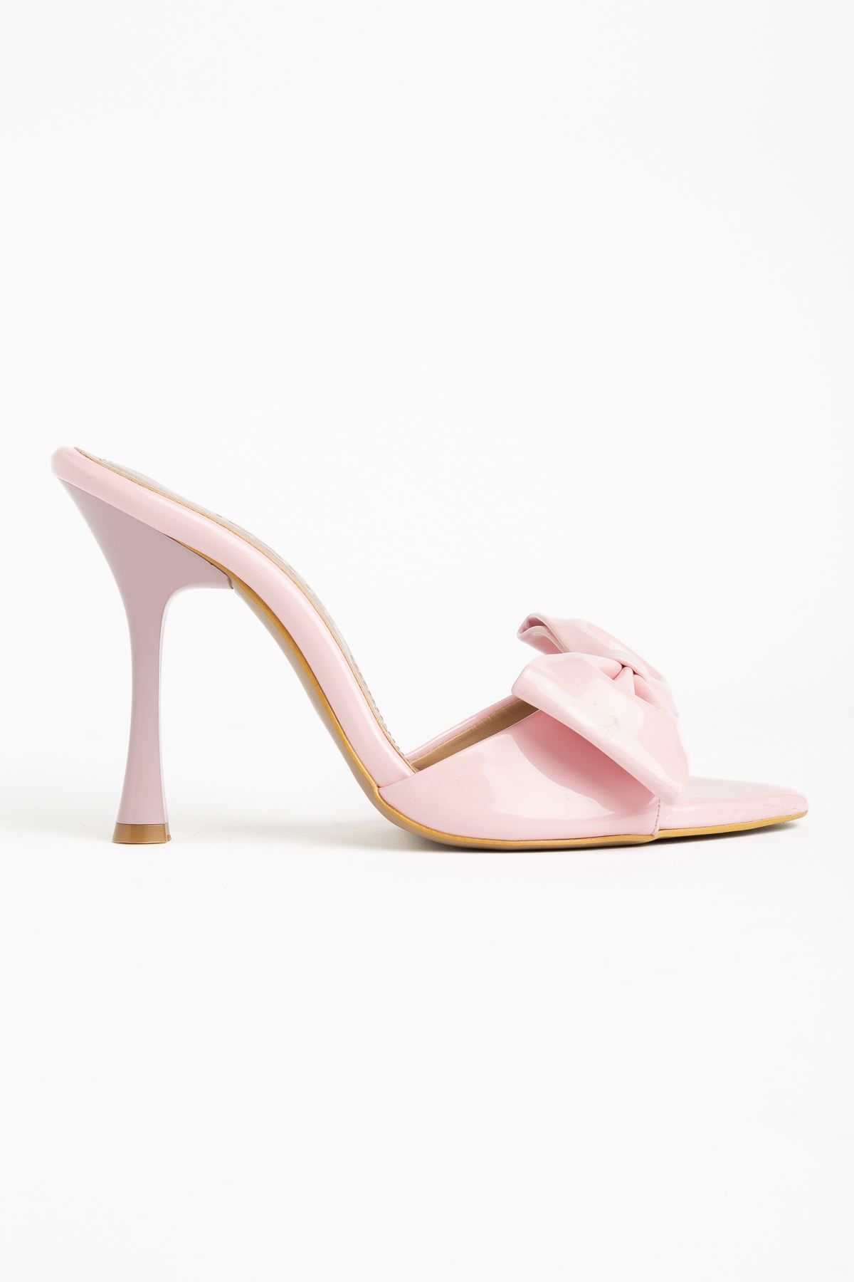 S-49 Pembe Rugan Fiyonk Detaylı 11 Cm Topuklu Kadın Terlik