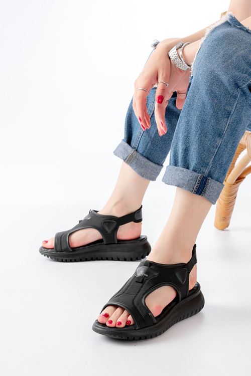 T-221 Siyah Spring Paraşüt Kumaş Lastikli Ortopedik Kadın Sandalet
