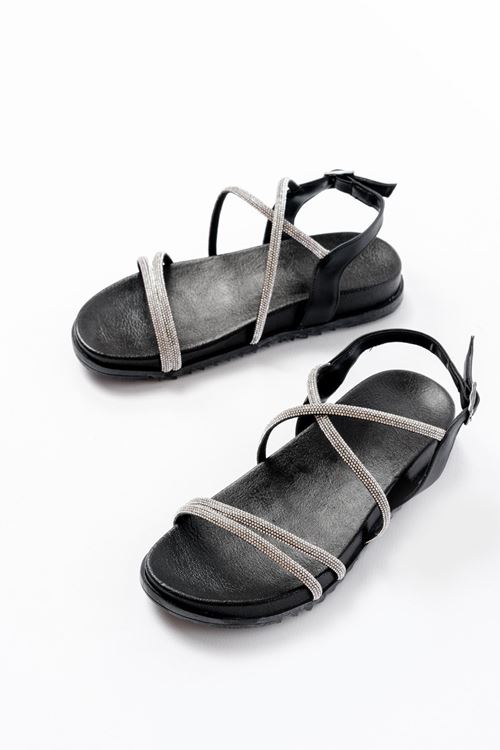 1001-1105 Siyah Gümüş Taşlı Günlük Kadın Sandalet