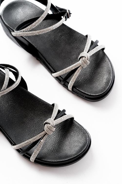 1001-1120 Siyah Gümüş Taşlı Günlük Kadın Sandalet