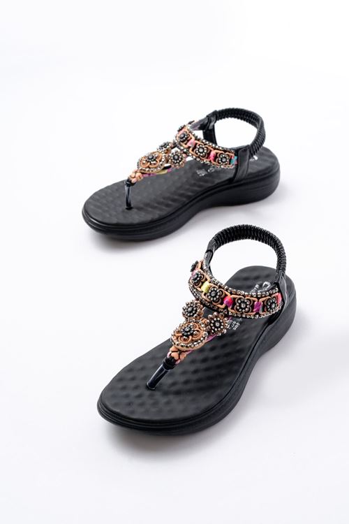 DM-609 Siyah Taşlı Arka Lastikli Parmak Arası Kadın Sandalet