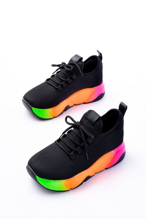 RS-400  Siyah Bağcıklı Fileli Renkli Taban Günlük Kadın Spor