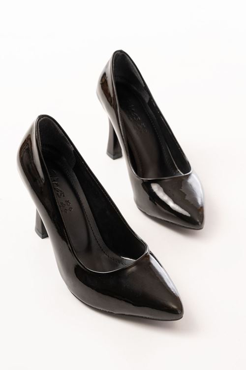 ST-001 Siyah Rugan Günlük 9 cm Topuklu Bayan Stiletto Ayakkabı