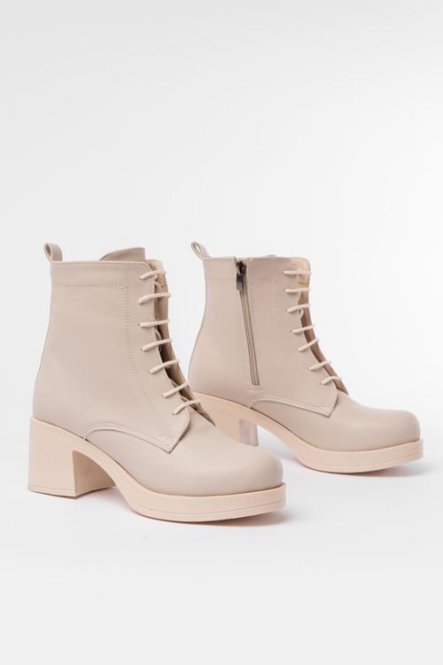 5109-3025 Bej Bağcıklı Fermuarlı Kalın Topuklu Günlük Kadın Bot