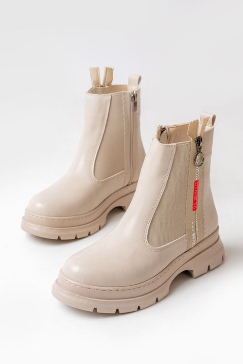 ASM-086 Bej Fashion Aksesuarlı Fermuarlı Günlük Kadın Bot