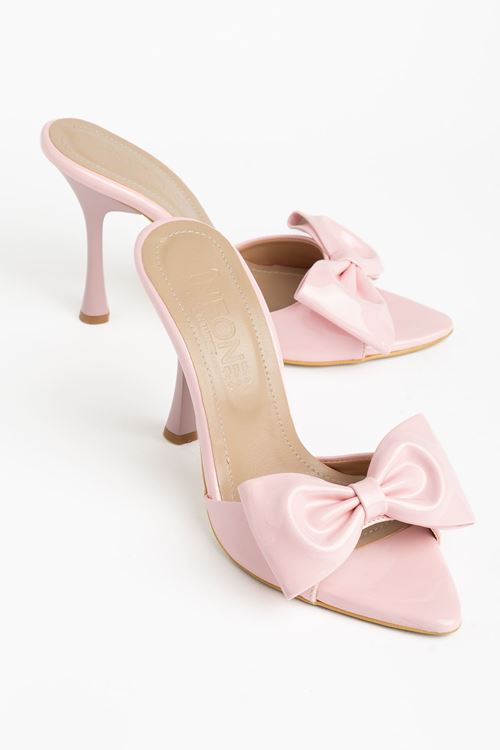 S-49 Pembe Rugan Fiyonk Detaylı 11 Cm Topuklu Kadın Terlik