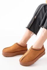 NDR-2888 Taba Süet İçi Kürklü Kışlık Kapalı Burun Kadın Günlük Terlik