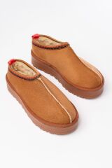 NDR-2888 Taba Süet İçi Kürklü Kışlık Kapalı Burun Kadın Günlük Terlik