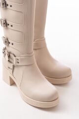 5109-3015 Bej Topuklu Fermuarlı Toka Aksesuarlı Günlük Kadın Çizme