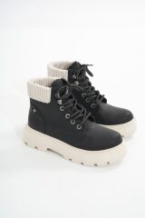 LMÇ-2045 Siyah-Bej Taban Bağcıklı Kalın Taban Kadın Günlük Bot