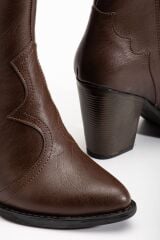 117 Kahve Kovboy Dikiş Detaylı Fermuarlı  Yüksek Topuklu Günlük Kadın Bot