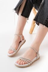 1001-1100 Beyaz Gümüş Taşlı Günlük Kadın Sandalet