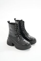 FZ-2550 Siyah Rugan Yüksek Tabanlı Bağcıklı Fermuarlı Günlük Kadın Bot