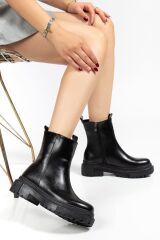 812-2012 Siyah Kırışık Rugan Fermuarlı Günlük Kadın Bot