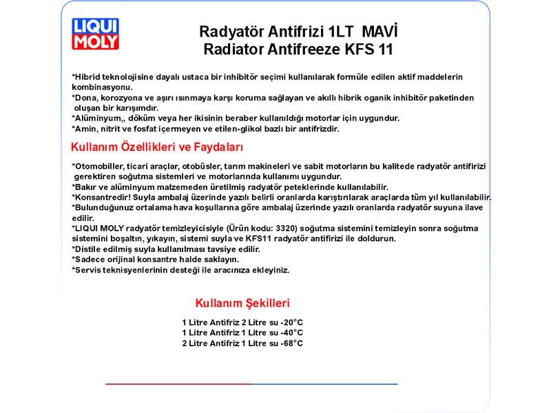 RADYATÖR ANTİFRİZİ KONSANTRE MAVI 1LT  KFS11
