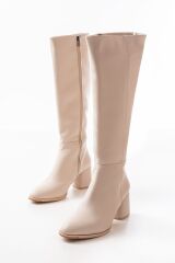 RS-2432 Bej Topuklu Fermuarlı Günlük Kadın Çizme