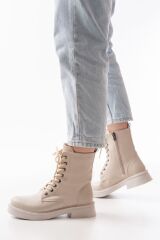 02-356 Bej Düz Topuklu Bağcıklı Fermuarlı Günlük Kadın Bot