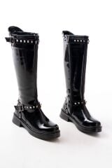 02-307 Siyah Rugan Düz Topuklu Günlük Bayan Binici Çizme