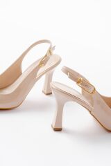 719 Bej Rugan Sivri Burunlu Toka Detaylı  Topuklu Kadın Ayakkabı