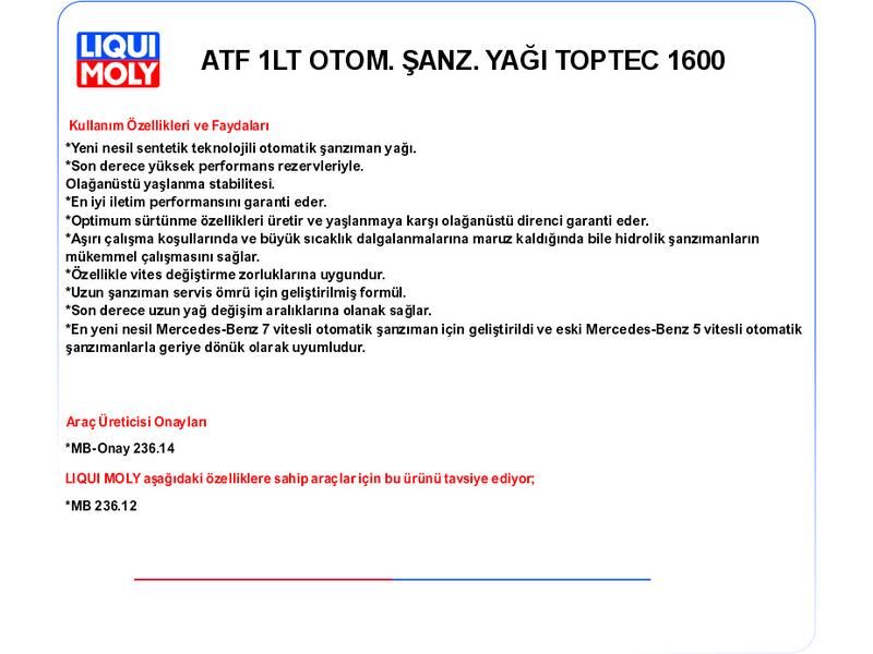 ATF 1LT OTOM. ŞANZ. YAĞ TOPTEC 1600