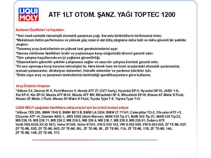 ATF 1LT OTOM. ŞANZ. YAĞ TOPTEC 1200
