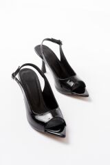 717 Siyah Rugan Sivri Burunlu Topuklu Kadın Sandalet