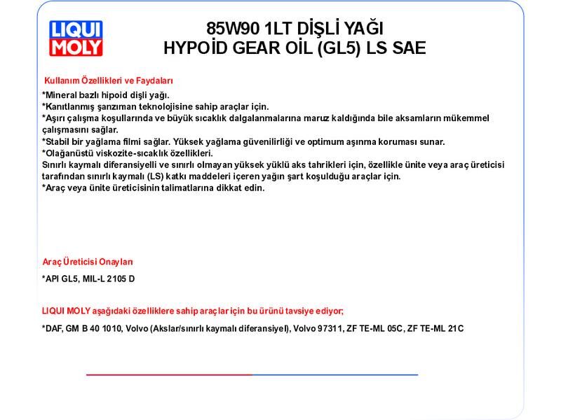 85W90 1LT DİŞLİ YAĞI HYPOİD GEAR OİL (GL5) LS SAE