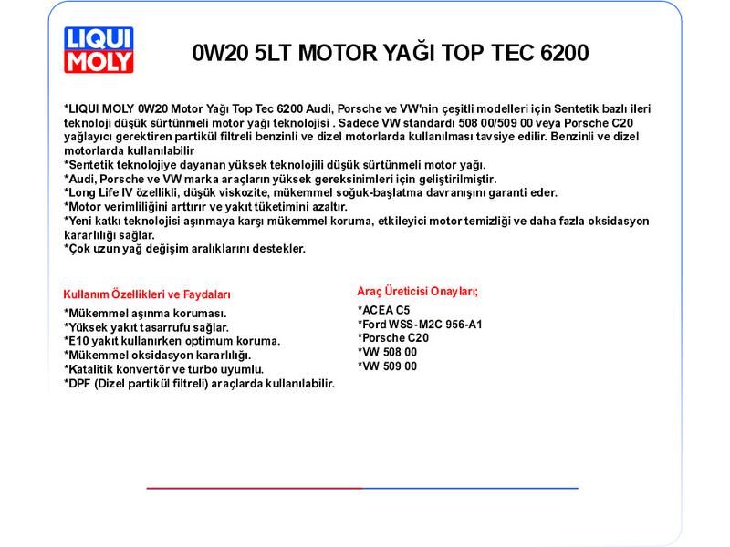 0W20 5LT MOTOR YAĞ TOPTEC 6200