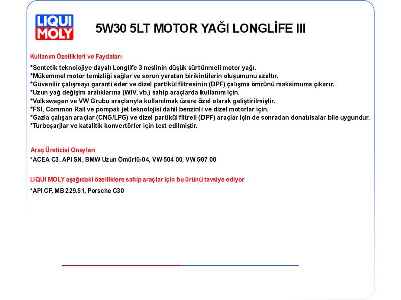 5W30 5LT MOTOR YAĞ LONGLIFE III