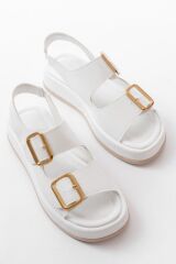 1187 Beyaz Dolgu Topuk Lastik Baretli  Kadın Sandalet