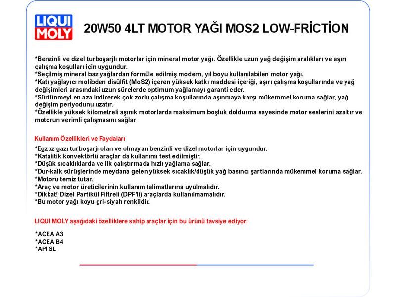 20W50 4LT MOTOR YAĞ MOS2 LEICHTLAUF LOW-FRICTION