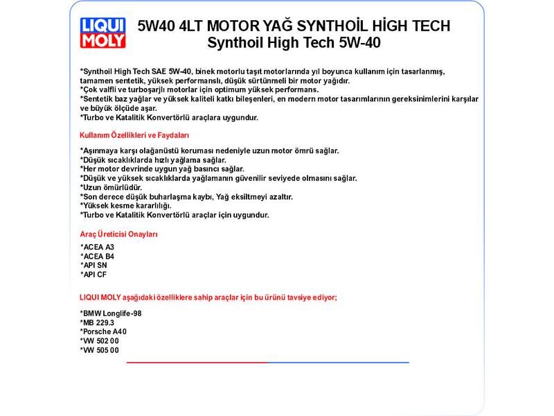 5W40 4LT MOTOR YAĞ SYNTHOİL HİGH TECH