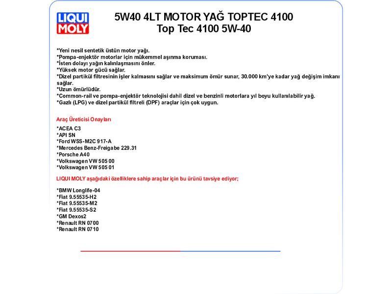 5W40 4LT MOTOR YAĞ TOPTEC 4100