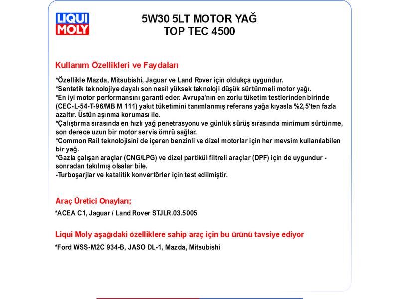 5W30 5LT MOTOR YAĞ TOPTEC 4500