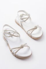 1001-1120 Beyaz Gümüş Taşlı Günlük Kadın Sandalet