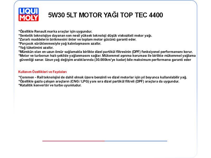 5W30 5LT MOTOR YAĞ TOPTEC 4400