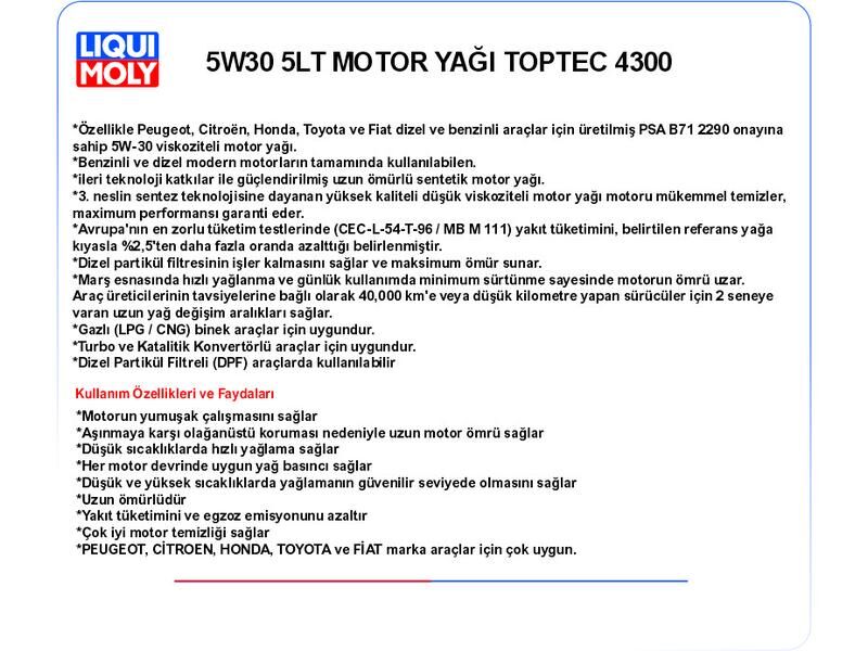 5W30 5LT MOTOR YAĞ TOPTEC 4300
