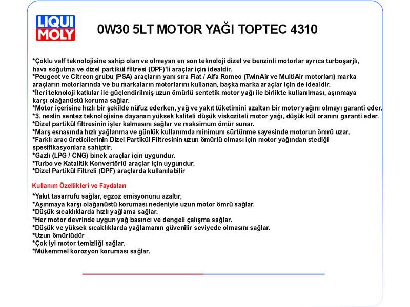 0W30 5LT MOTOR YAĞ TOPTEC 4310