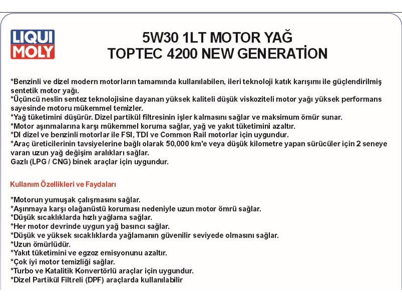 5W30 1LT MOTOR YAĞ TOPTEC 4200 NEW GENERATİON