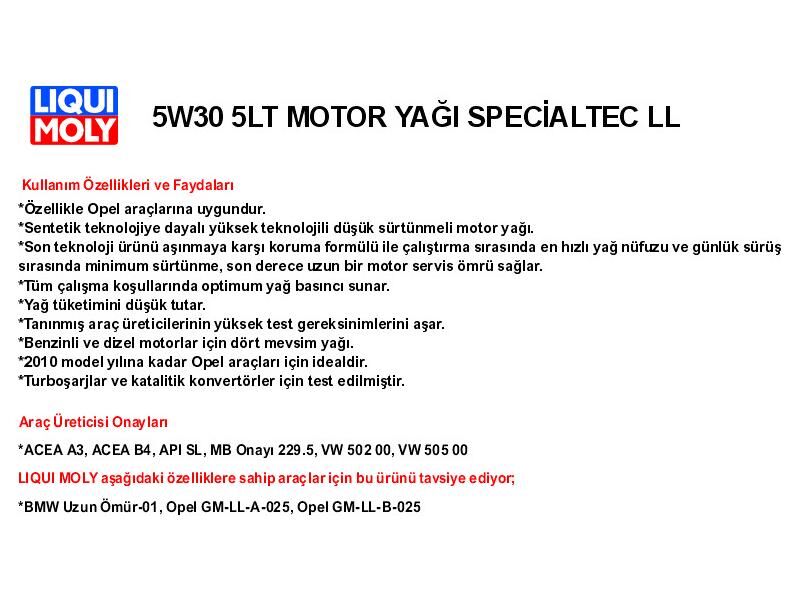 5W30 5LT MOTOR YAĞ SPECİALTEC LL