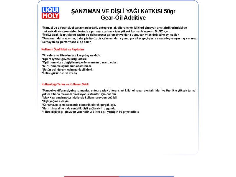 ŞANZIMAN VE DİŞLİ YAĞ KATKISI MOS2LI 50GR GEAR OIL ADDITIVE