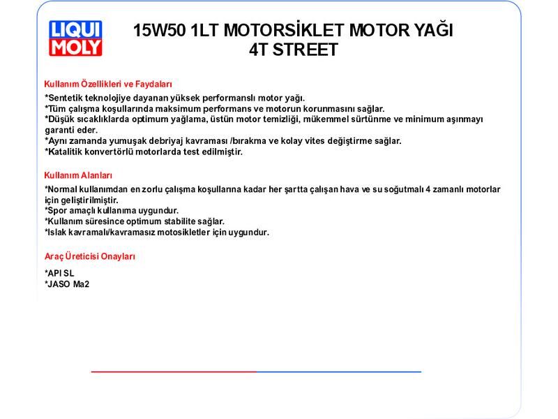 15W50 1LT MOTORSİKLET MOTOR YAĞ 4T STREET