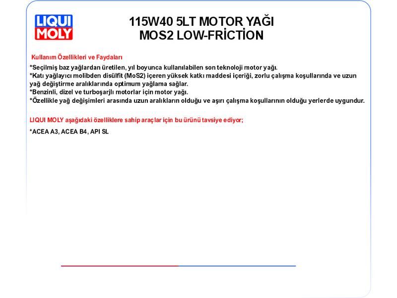 15W40 5LT MOTOR YAĞ MOS2 LEICHTLAUF LOW-FRICTION