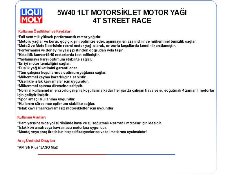 5W40 1LT MOTORSİKLET MOTOR YAĞ  4T SYNTH STREET RACE