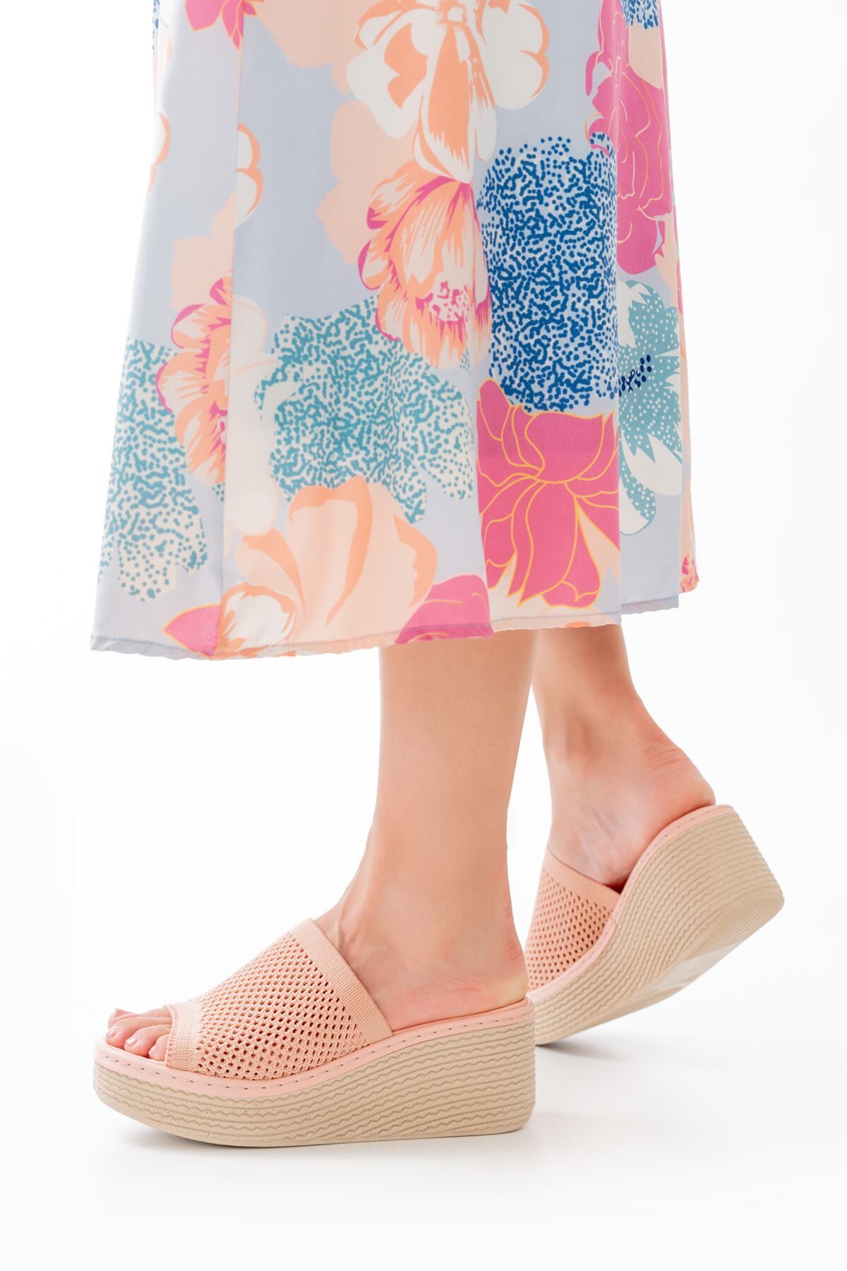 232-460 Pudra Triko Günlük Ortopedik Dolgu Topuk Kadın Terlik