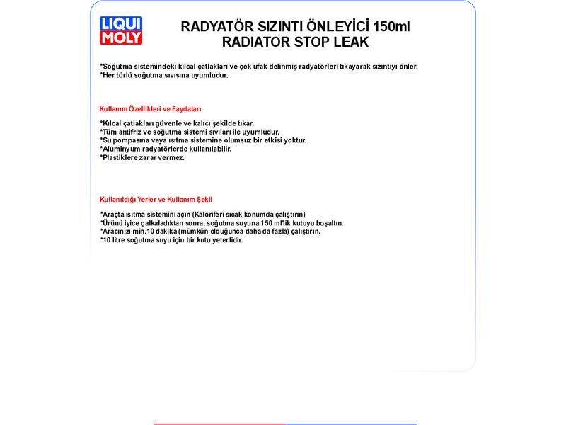 RADYATÖR SIZINTI ÖNLEYİCİ 150ml RADİATOR STOP LEAK
